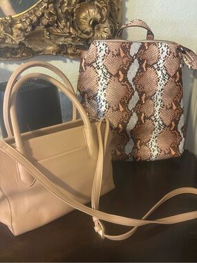 Neutral Snake-Print Backpack and Beige Tote Set - Women Bags